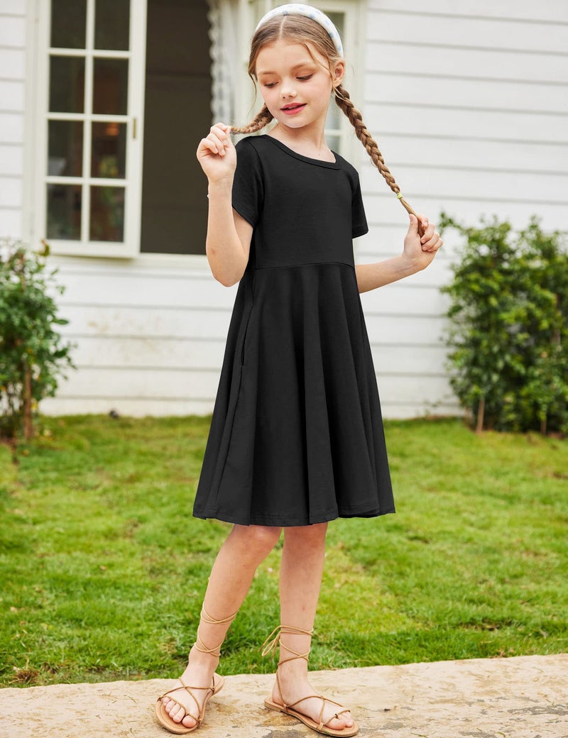 Arshiner Girl Dresses Size 10-12 Summer Twirly Black Dress T Shirt Solid Basic Cotton Classic Pocket Holiday School Party Dress 12 13 - Image 4